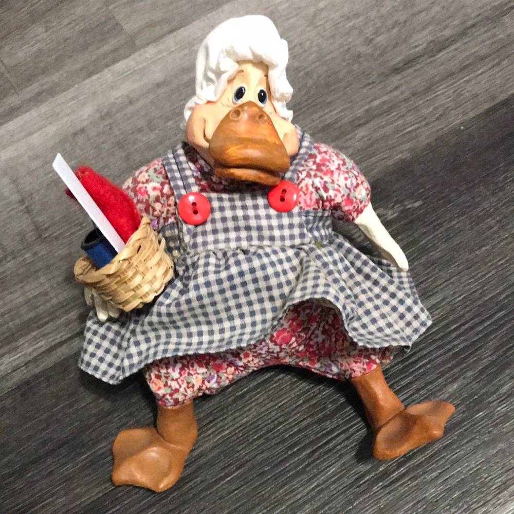 Decorative Duck Figurine in Blue Gingham Dress with Red Accents